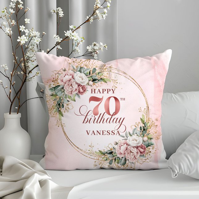 Coussin Light Pink Shimmering Floral Pillow 70th Birthday  (Light Pink Shimmering Floral Pillow 70th Birthday Pillow)