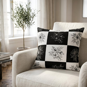 Coussin Ligne botanique chic damier noir et blanc