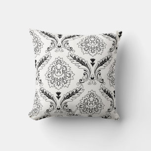 Coussin Ligne de Damas Rococo à motif décalé Noir sur Blan
