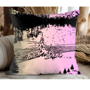 Coussin Ligne Rose Et Jaune Art Pine Arbres Coucher De Sol