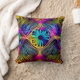 Coussin Lignes de néon psychédélique avec art floral