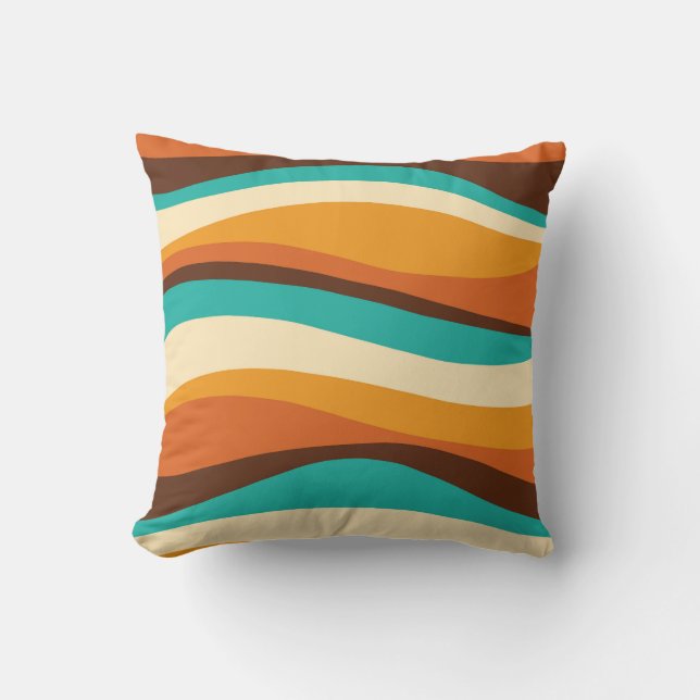 Coussin Lignes ondulées rétro sarcelle, orange, chocolat (Recto)