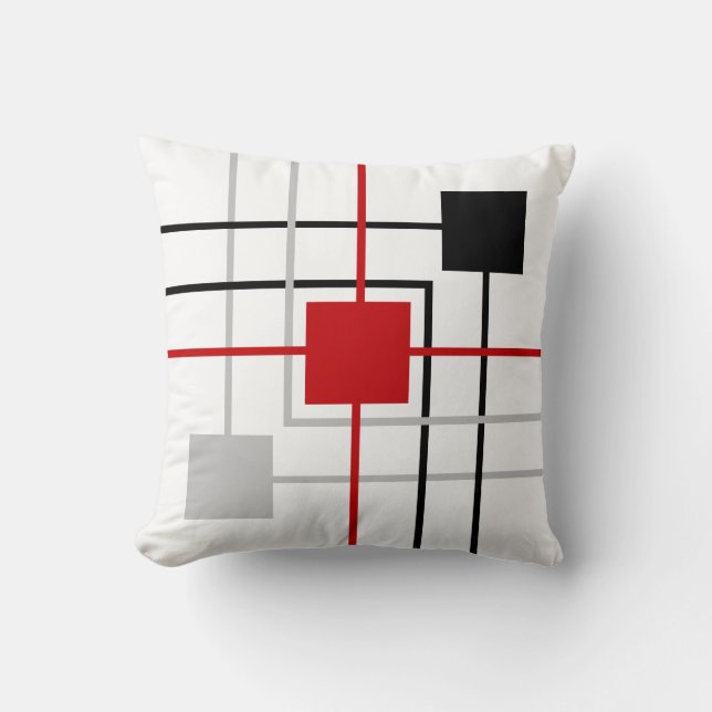 Coussin Lignes rouges et Carrés gris-noir modernes (Recto)