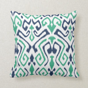 Coussin L'ikat chic moderne de bleu marine et de vert se