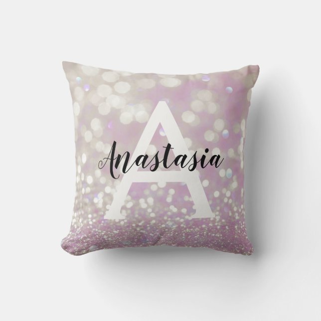 Coussin Lilac Girly Pailletés Monogramme Nom (Recto)