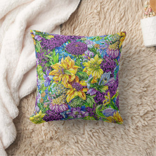 Coussin Lilac Jaune Bleu Vert Jardin Fleurs Motif