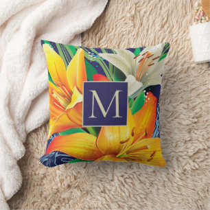Coussin Lilies Blanches Orange Monogramme Bleu Marine Flor