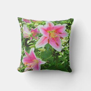Coussin Lilies Roses Tropicaux et Feuilles Vertes
