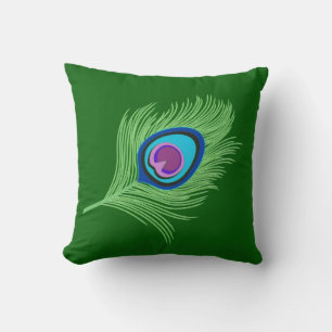 Coussin Lime et plumes de paon bleu sur vert émeraude