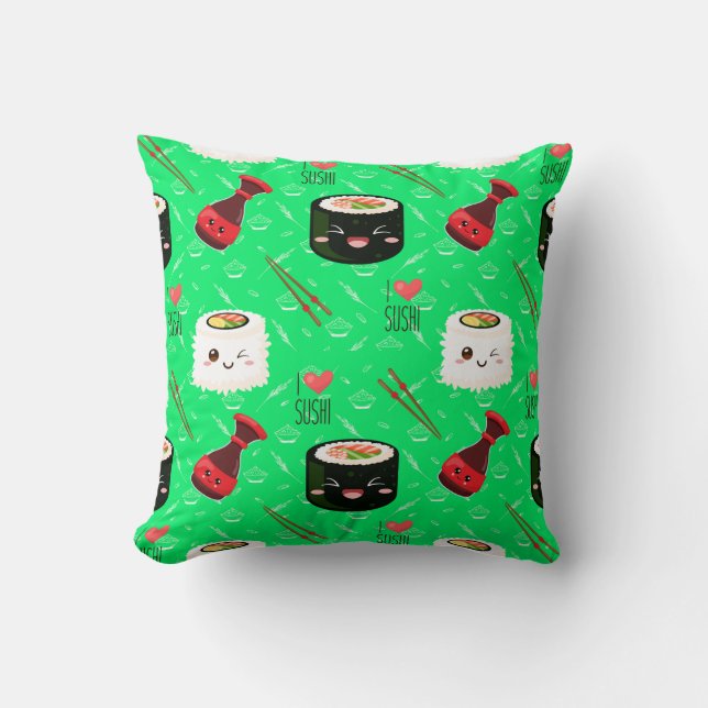 Coussin Lime Green Kawaii Sushi motif (Recto)