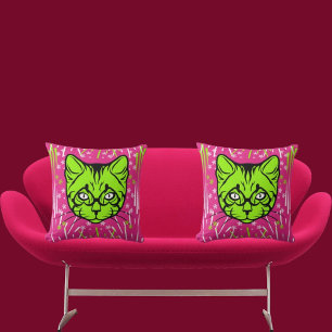Coussin Lime rose Blanc Noir Moderne Cute Chat Coloré