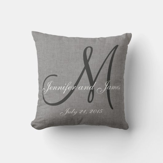Coussin Lin blanc gris Monogramme Mariage Keepsaké (Recto)