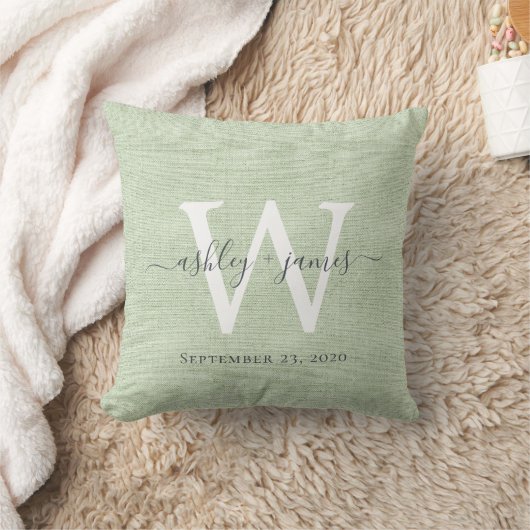 Coussin Lin vert blanc Monogramme Mariage Keepsaké (Couverture)