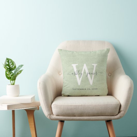 Coussin Lin vert blanc Monogramme Mariage Keepsaké (Chaise)