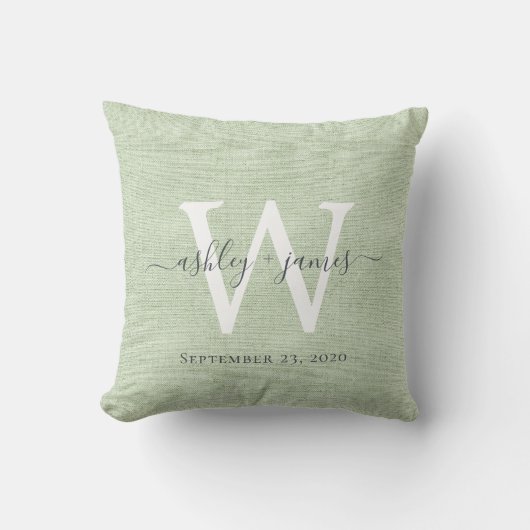 Coussin Lin vert blanc Monogramme Mariage Keepsaké (Recto)
