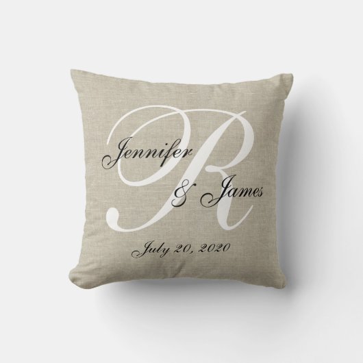 Coussin Linge de lit beige Monogramme blanc Mariage Keepsa (Recto)