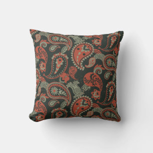 Coussin Linocut Traditionnel Paisley Chaud Orange Mint Ver