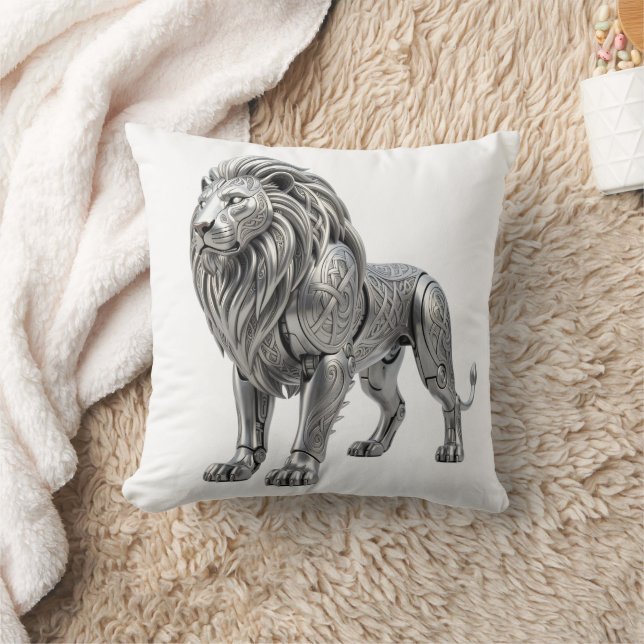 Coussin Lion argent celtique majestueux avec nœud complexe (Couverture)