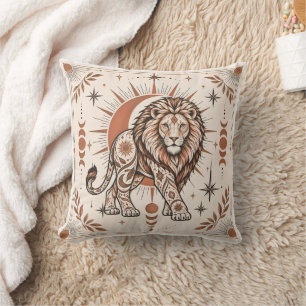 Coussin Lion Bohème Art Animal Orné Soleil Lunaire Céleste
