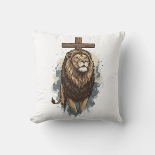 Coussin Lion chrétien et croix vintage