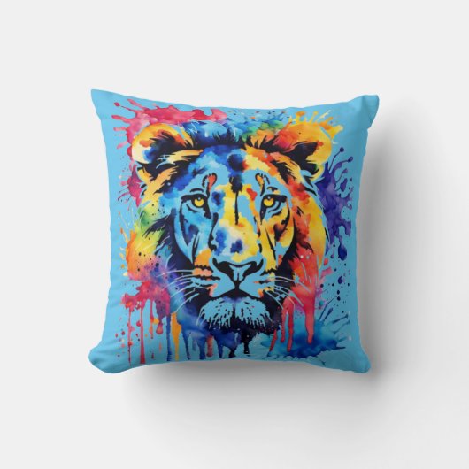 Coussin Lion coloré aquarelle drôle (Recto)