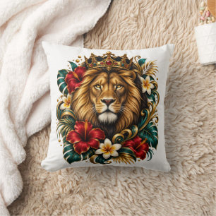 Coussin Lion Couronné Tropical Floral Royal