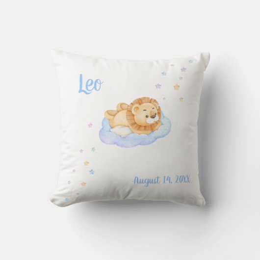 Coussin Lion de bébé avec nom et date de naissance (Recto)
