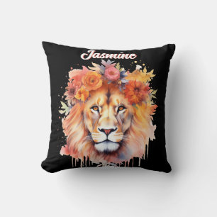 Coussin Lion Pastel Fleurs Safari Aquarelle Savannah Chat