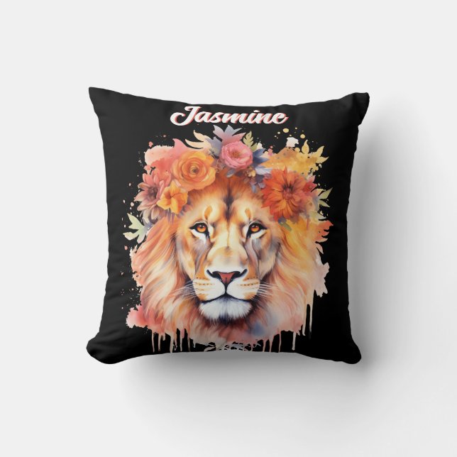 Coussin Lion Pastel Fleurs Safari Aquarelle Savannah Chat (Recto)