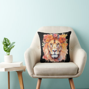 Coussin Lion Pastel Fleurs Safari Aquarelle Savannah Chat