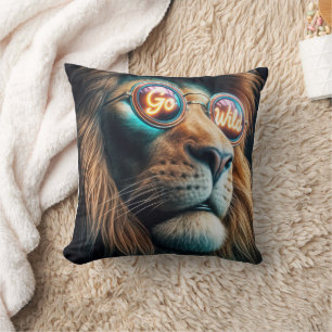 Coussin Lion Portant Des Lunettes De Soleil Néon Avec Text