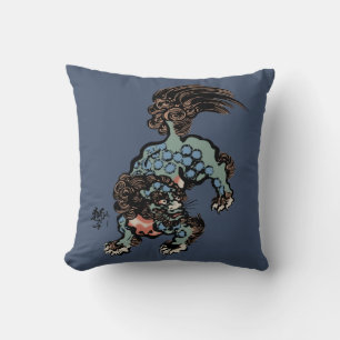 Coussin Lion Shi Chinois Vintage sur Bleu Jean Bleu