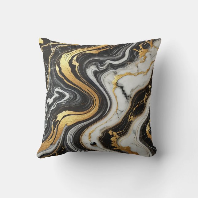 Coussin Liquide Doré Noir Blanc Aspect Marbre Mariage Glam (Verso)
