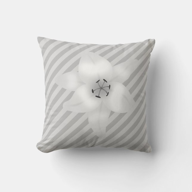 Coussin Lis blanc sur un modèle gris de rayure (Recto)