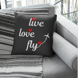 Coussin Live Love Fly Typographie avec avion & Coeurs