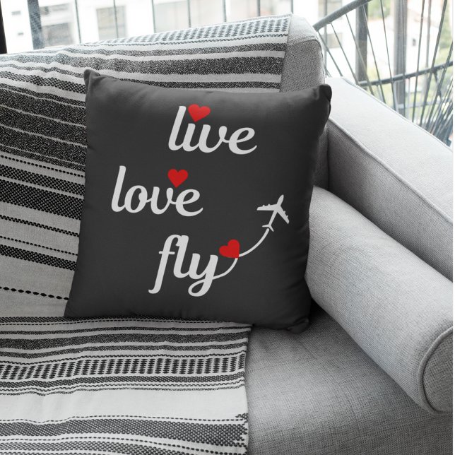 Coussin Live Love Fly Typographie avec avion & Coeurs (Créateur téléchargé)