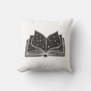 Coussin Livre de sorts magiques ouverts – Étoiles et magie