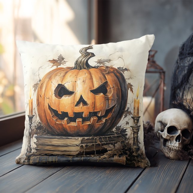 Coussin Livres anciens et citrouille d'Halloween (Spooky Halloween Pillow)