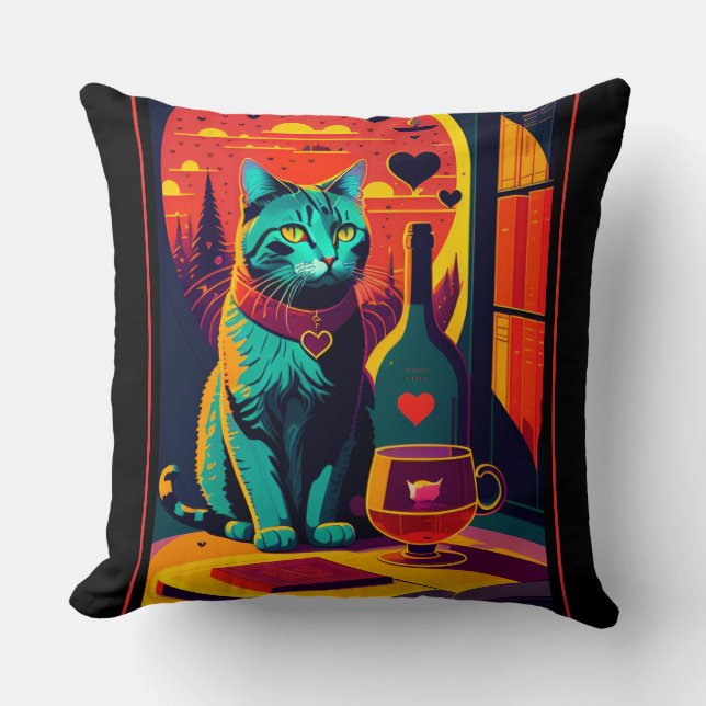 Coussin Livres Chat Sunset Et Vin (Recto)