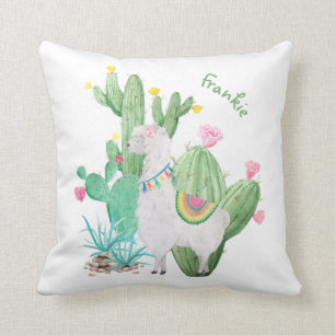 Coussin Llama Blanc Mignon et Scène de Cactus - Personnali