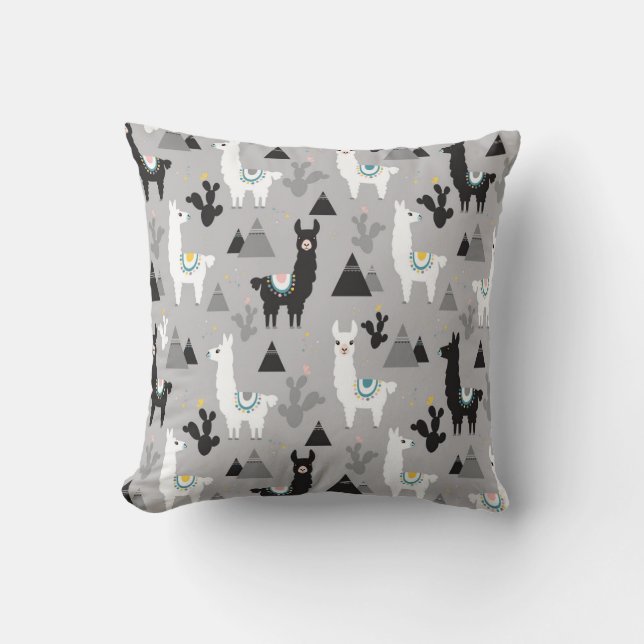 Coussin Llama cactus montagnes, motif sans soudure. (Recto)