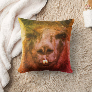 Coussin Llama noire intense Visage gros vers le haut Abstr