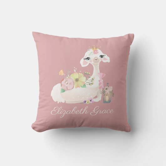 Coussin Llama rose et blanc avec des fleurs féminines (Recto)
