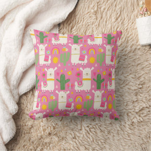 Coussin Llamas Mignons Filles Cactus Vert Arcs-en-ciel Ros