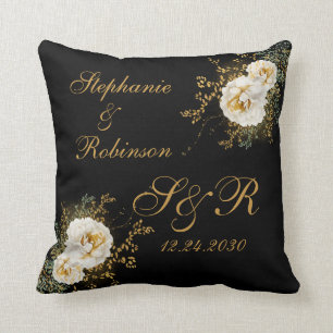 Coussin Logo Monogramme Floral Or Sur Cadeau Mariage Noir