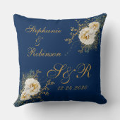 Coussin Logo Monogramme Floral Or Sur Mariage Bleu Marine  (Verso)