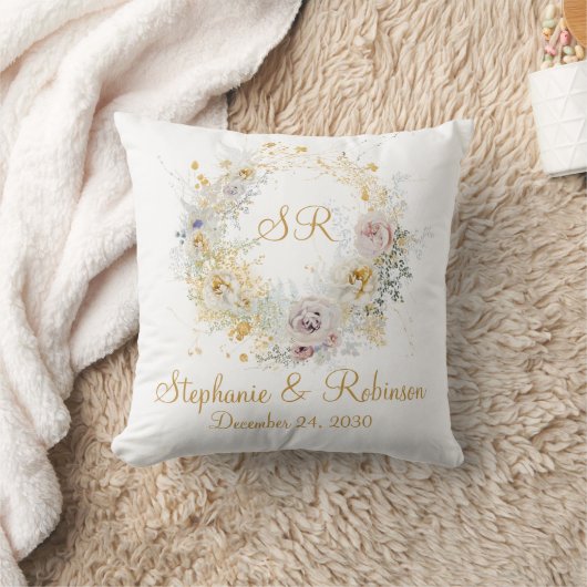 Coussin Logo or Floral Monogram Mariage Cadeau (Couverture)