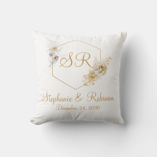 Coussin Logo or Floral Monogram Mariage Cadeau (Recto)