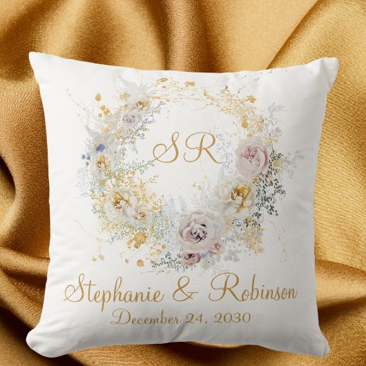 Coussin Logo or Floral Monogram Mariage Cadeau