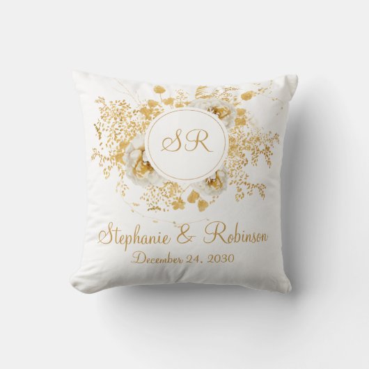 Coussin Logo or Floral Monogram Mariage Cadeau (Recto)